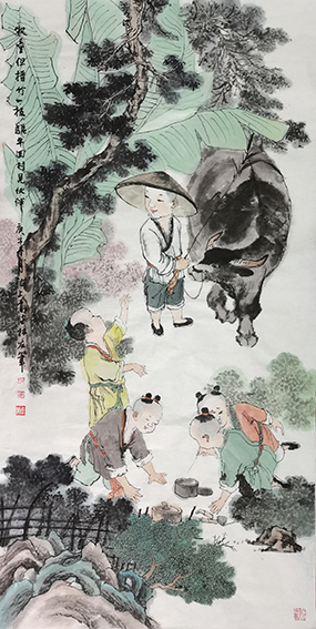 高健林作品8《牧童回村见伙伴》  尺寸：138X68cm  庚子冬月